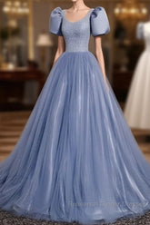 Ball Gown Dusty Blue Semi Formal Prom Dress with Bubble Sleeves